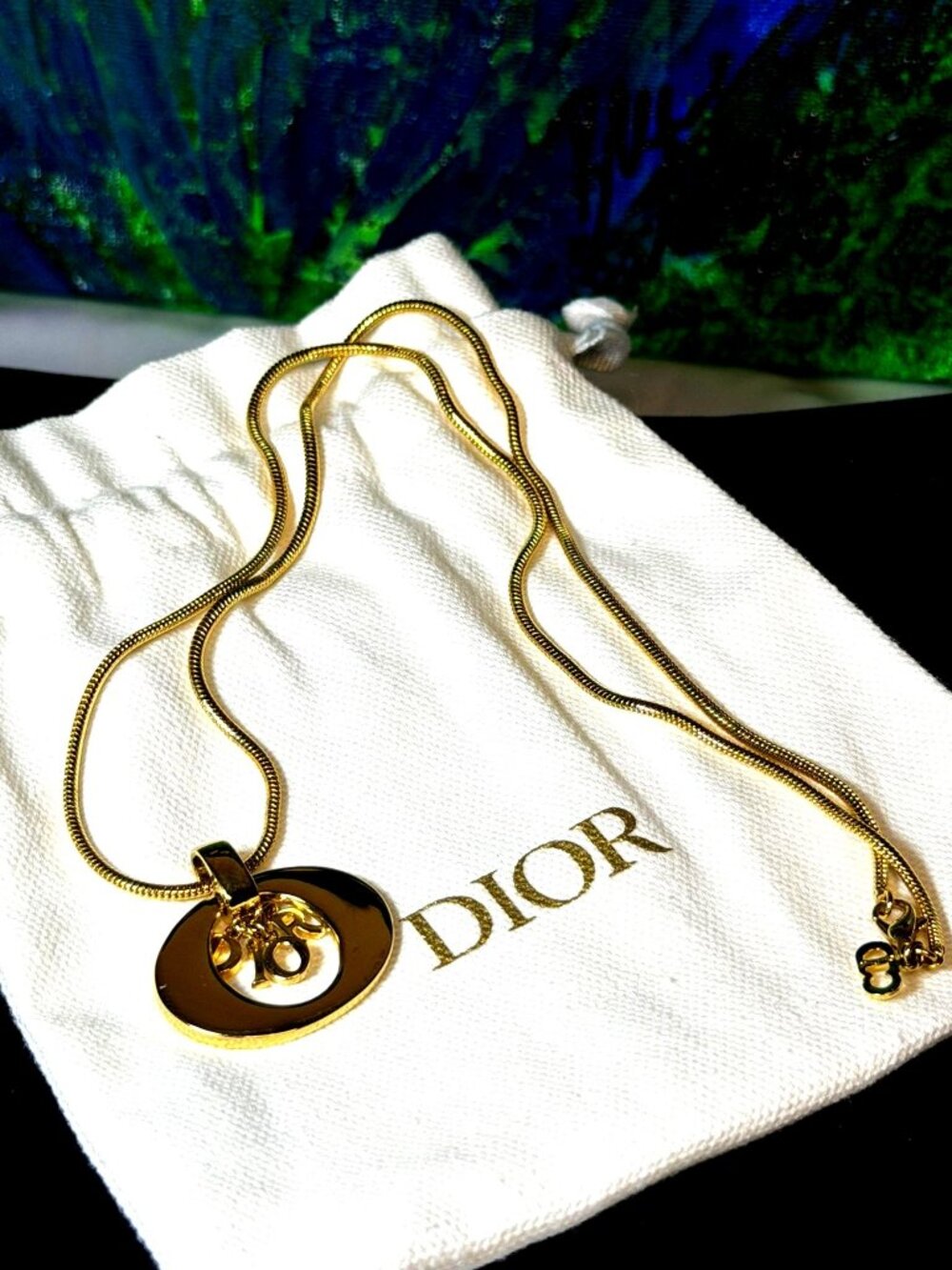 Christian Dior Gold-Tone Pendant Necklace With Snake Chain & Logo Charm - Elegan